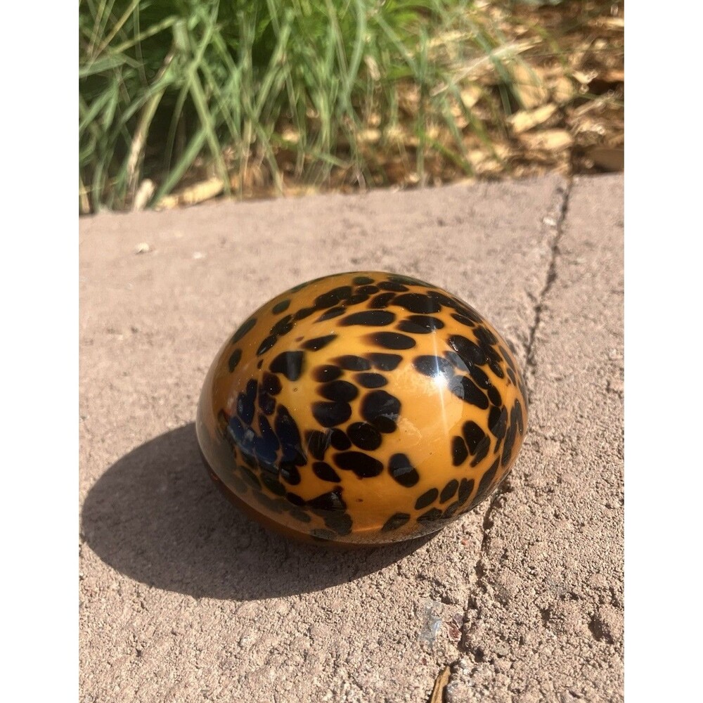 VTG Amber Black Spotted Art Glass Paperweight Hand Blown 3”